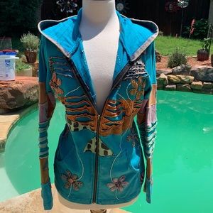 Rising International BoHo hoodie turquoise jacket floral appliqués super cute!